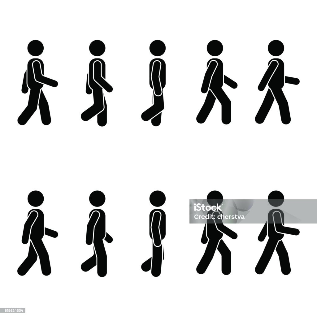 Man people various walking position. Posture stick figure. Vector standing person icon symbol sign pictogram on white Running stock vector