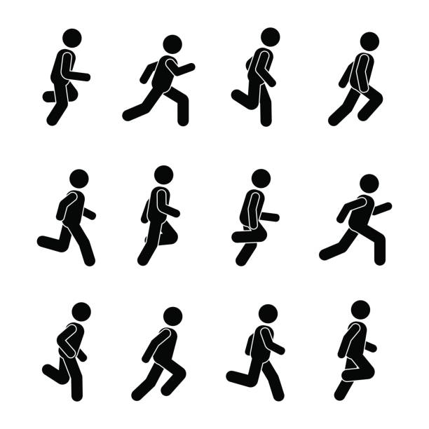 Man people various running position. Posture stick figure. Vector illustration of posing person icon symbol sign pictogram on white Man people various running position. Posture stick figure. Vector illustration of posing person icon symbol sign pictogram on white sport set competition round stock illustrations