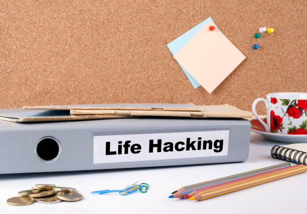 Life Hacking. Folder on office desk. Money, Coffee Mug and color