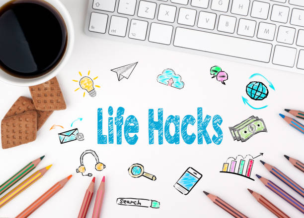 Life Hacks, Business concept. White office desk Life Hacks. Computer keyboard and a coffee mug on a white table lifehack stock pictures, royalty-free photos & images