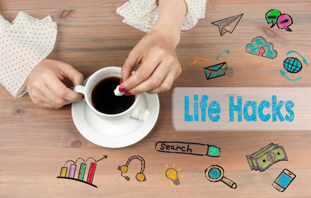 Life Hacks. Coffee cup top view on wooden table background