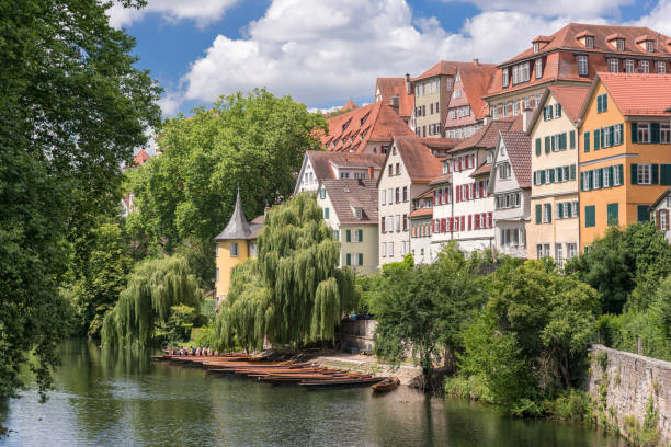 Tübingen, Germany The beautiful historical city Tübingen in Baden-Württemberg. You can see the famous Neckarinsel, Neckarbrücke, Hölderlinturm and one of the most famous house fronts in Germany. The typical Stocherkahn boats in back. Nikon D810. Converted from RAW. Unrecognizable people. baden württemberg stock pictures, royalty-free photos & images