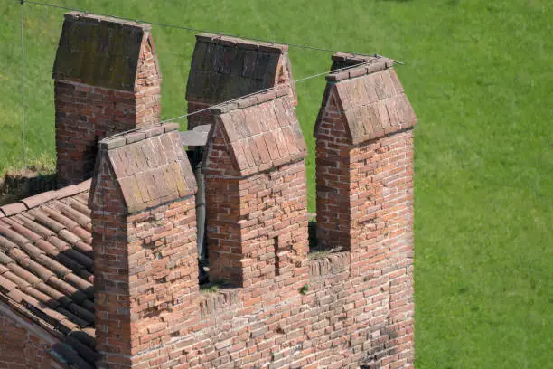Details of the battlements of a tower in a medieval castle.