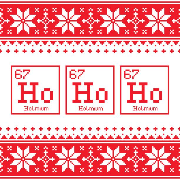 Geek Christmas seamless pattern, Ho Ho Ho chemistry periodic table background, ugly Xmas sweater or jumper style Winter cross-stitch design, Geeky decoration in red and white christmas ugliness sweater nerd stock illustrations