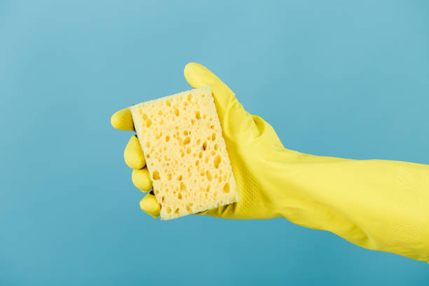 istock hand  in yellow glove holding sponge on blue background. cleaning 815643114