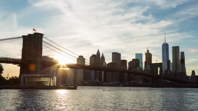 Beautiful New York City Sunset Brooklyn Bridge and Lower Manhattan Day Timelapse