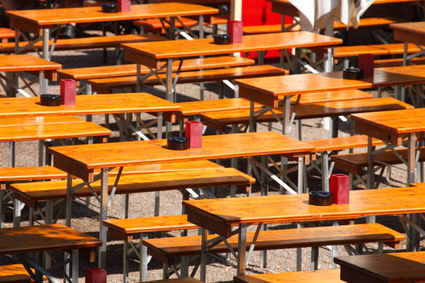 Benches and folding tables made of wood