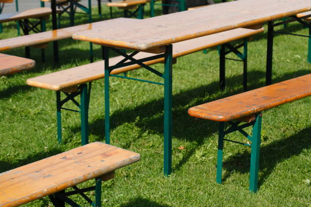 Benches and folding tables made of wood