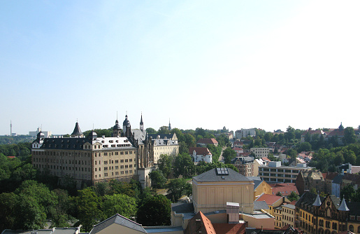 View over the former residential city of Altenburg with castle, gatehouse, theatre and ducal post office to the east
