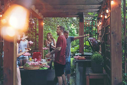 Friends during a summer day, doing barbecue in the pergola
