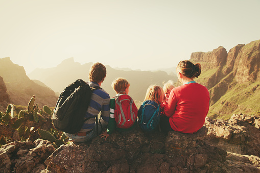 family with three little kids hiking in mountains