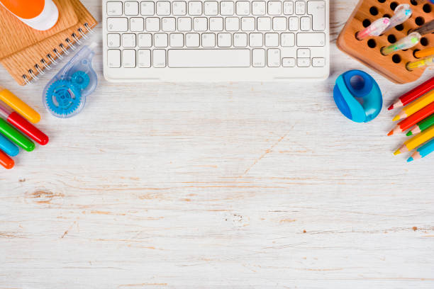 istock Top view of school and office supplies with copy space 815711018