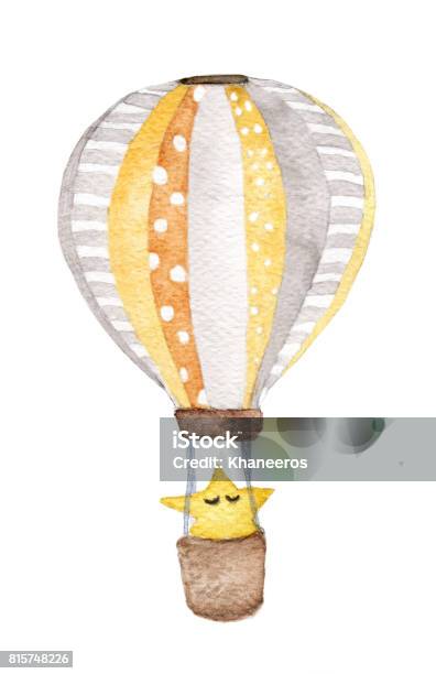 Hand Drawn Vintage Air Balloon With Star Flying In The Sky Stock Illustration - Download Image Now