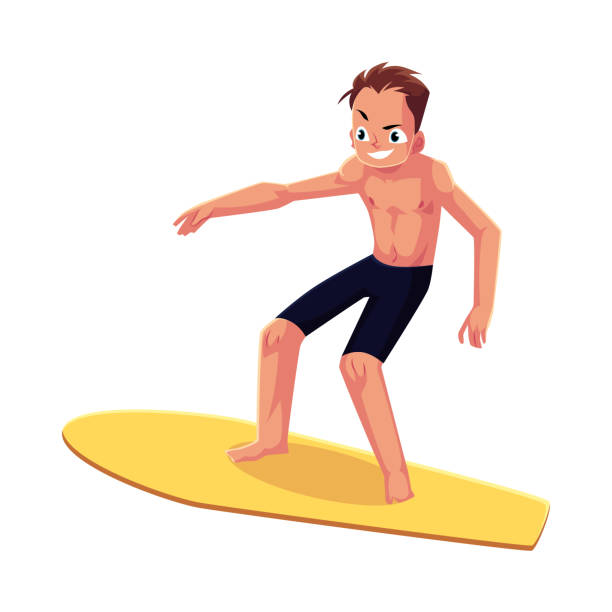 illustrazioni stock, clip art, cartoni animati e icone di tendenza di giovane in sella a tavola da surf, godendosi le attività acquatiche estive - one person white background swimwear surfboard