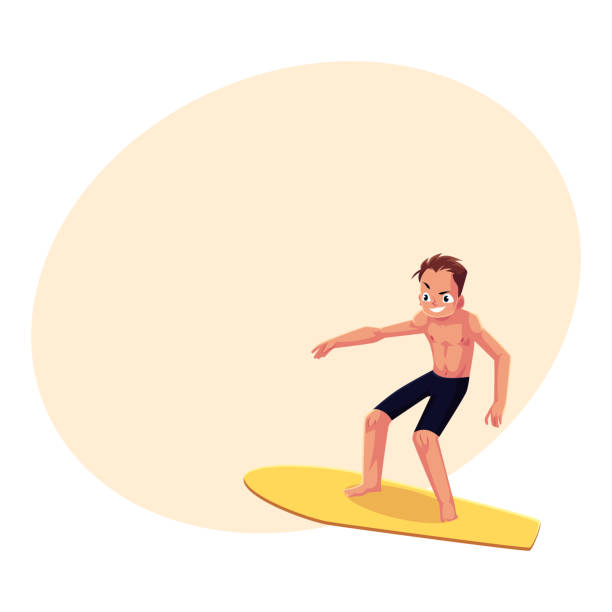 illustrazioni stock, clip art, cartoni animati e icone di tendenza di giovane in sella a tavola da surf, godendosi le attività acquatiche estive - one person white background swimwear surfboard