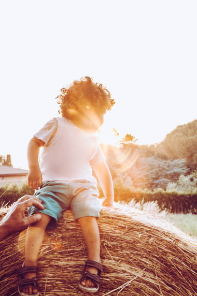 Child sitting on hay bale looks at the horizon