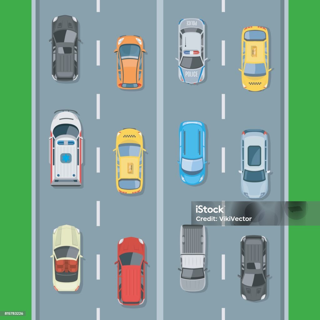 Coches en la carretera ve desde arriba ilustración vectorial - arte vectorial de Por encima de libre de derechos