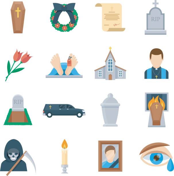illustrazioni stock, clip art, cartoni animati e icone di tendenza di icona del vettore funebre impostata in uno stile piatto - death icon