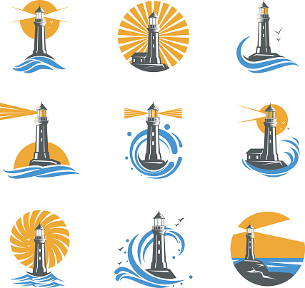 Lighthouse among sea waves vector icons. Coastal towers with a beam of searchlight for marine navigation of ships. Set of black and white lighthouses on a white background.