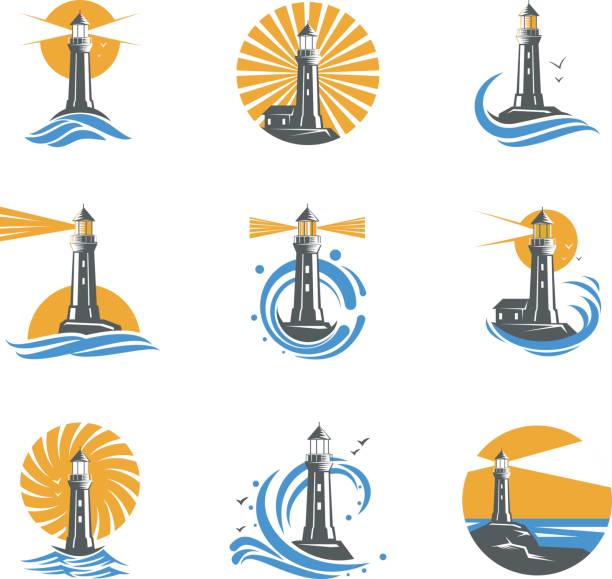 Lighthouse among sea waves vector icons Lighthouse among sea waves vector icons. Coastal towers with a beam of searchlight for marine navigation of ships. Set of black and white lighthouses on a white background. bay of water illustrations stock illustrations
