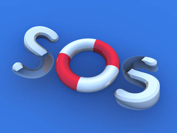 SOS Sign on The Water SOS Illustration with rescue wheel. 3d red letter o stock pictures, royalty-free photos & images