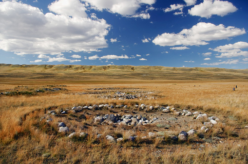 Archaeological excavations on the site of ancient Scythian burials of Pazyryk culture on the river Ak-Alaha, where was found the mummy of a shaman, Plateau Ukok, Altai mountains, Siberia, Russia