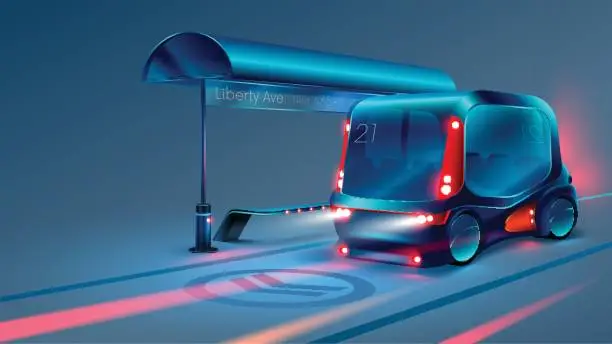 Vector illustration of Autonomous electric smart bus or minibus stops at city bus stop. VECTOR