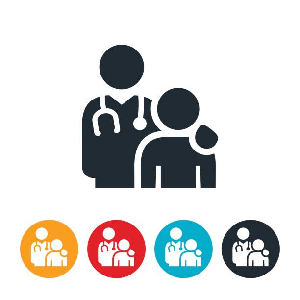 ilustraciones, imágenes clip art, dibujos animados e iconos de stock de médico y paciente icono - enfermo