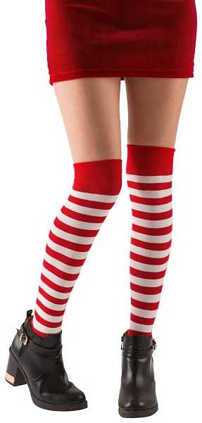 Santa girl wearing stripey socks on white background