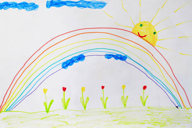 istock Childish drawing of flowers and rainbow 815844948