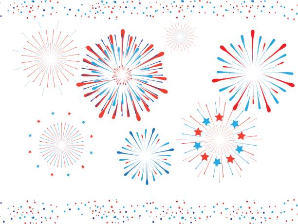 Fireworks and confetti Beautiful Fireworks and confetti for Independence Day USA, Labor Day, Veteran Day, Memorial national Holiday Event Patriotic background, decoration. Set of Fireworks shapes and confetti. Vector Illustration circa 4th century stock illustrations