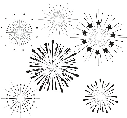 Fireworks icons set. Firework silhouette, black and white color. Print, Vector illustration