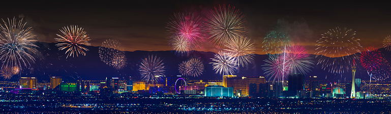 A stock photo of a Fireworks display over the Las Vegas Strip.  Perfect for designs or articles about celebrations in Las Vegas including 4th of July and New Years Eve.