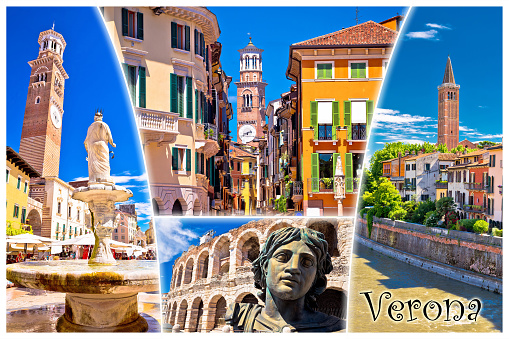Verona tourist landmarks postcard with label, Veneto region of Italy