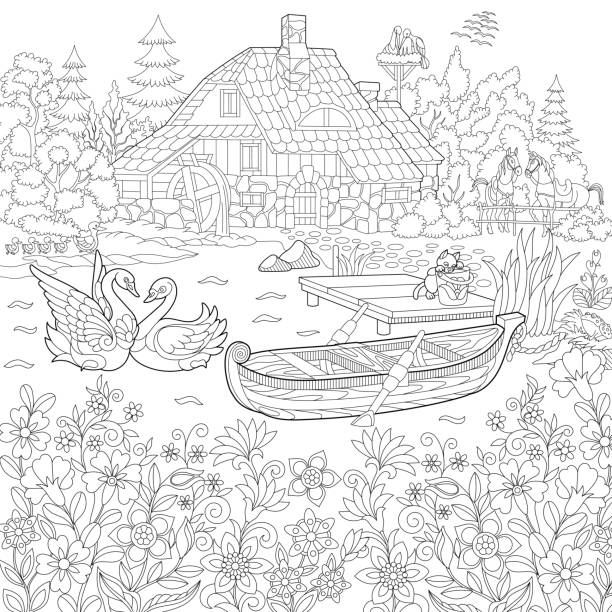 Stylized rural landscape Rural landscape with flower meadow, lake, farm house, ducks, kitten, swans, horses, frog, storks. Freehand sketch for adult coloring book page. cartoon of a frog black and white stock illustrations