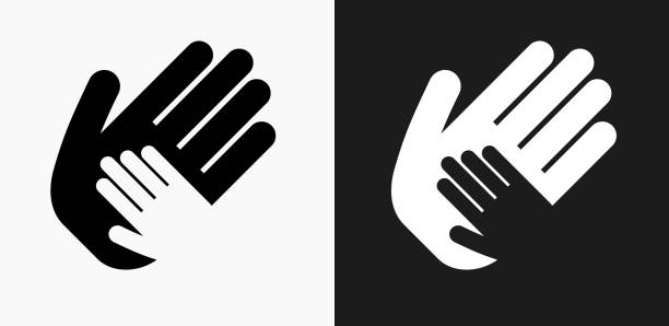 ilustrações de stock, clip art, desenhos animados e ícones de helping child hand icon on black and white vector backgrounds - human hand on black