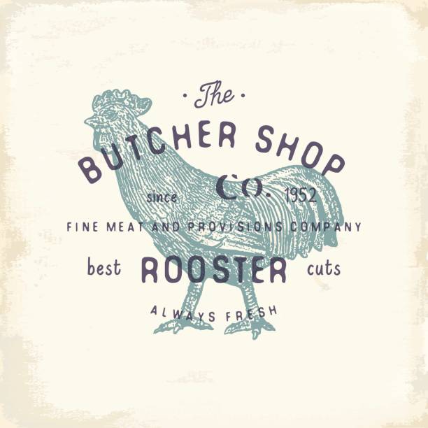 butcher shop vintage emblem hahn fleischwaren, metzgerei logo vorlage retro-stil. vintage-design für logo, aufkleber, abzeichen und markendesign. vektor-illustration - butchers shop meat store farm stock-grafiken, -clipart, -cartoons und -symbole