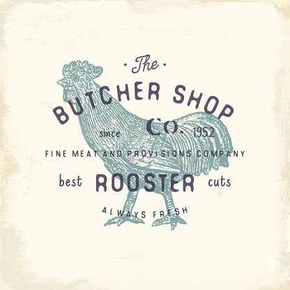 Butcher Shop vintage emblem rooster meat products, butchery Logo template retro style. Vintage Design for Logotype, Label, Badge and brand design. vector illustration.