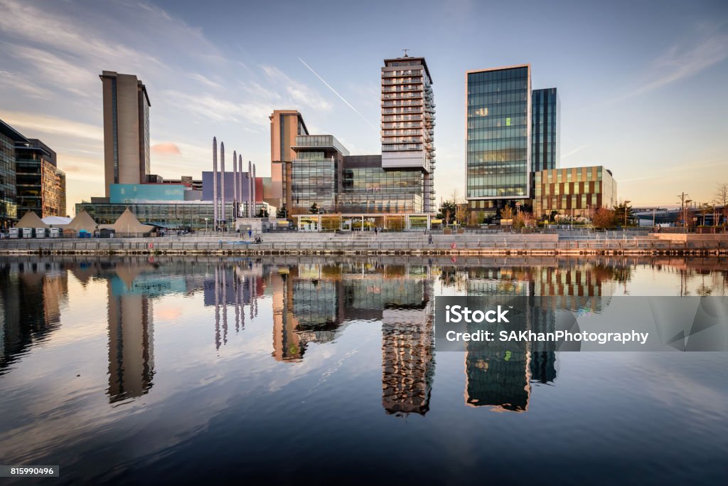 Media city, Manchester UK Panoramic view of Salford quay Manchester England Manchester - England Stock Photo