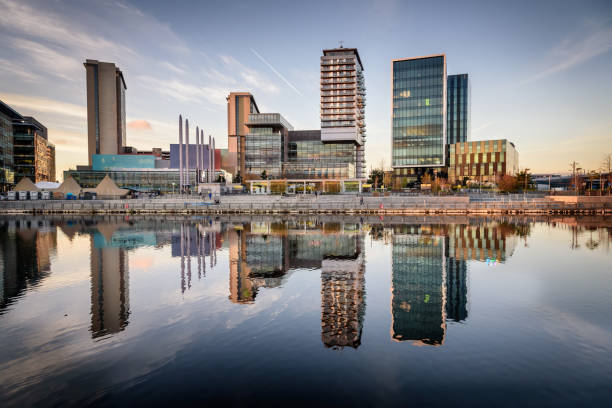 Media city, Manchester UK Panoramic view of Salford quay Manchester England manchester england stock pictures, royalty-free photos & images