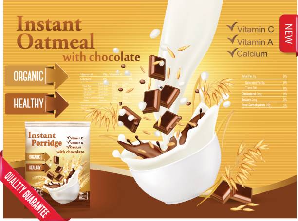 ilustrações, clipart, desenhos animados e ícones de aveia instantânea com conceito de anúncio de chocolate. - oat packaging oatmeal box