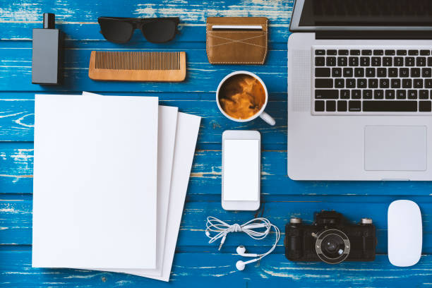 istock Flat lay table top men accessories with blank screen phone 815991642