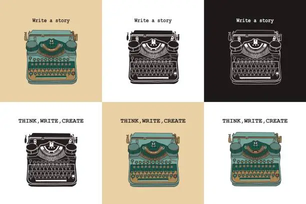 Vector illustration of Set of 6 vintage cards with typewriters.