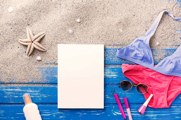 istock Flat lay summer accessories with white blank magazine 816041964