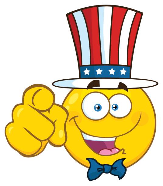 счастливый патриотический желтый мультфильм emoji лицо персонажа носить сша шляпу и указывая - 11246 stock illustrations