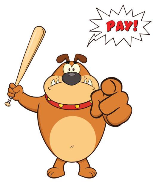ilustraciones, imágenes clip art, dibujos animados e iconos de stock de bulldog café enojado personaje de mascota de dibujos animados sosteniendo un bate y señalando - 11305