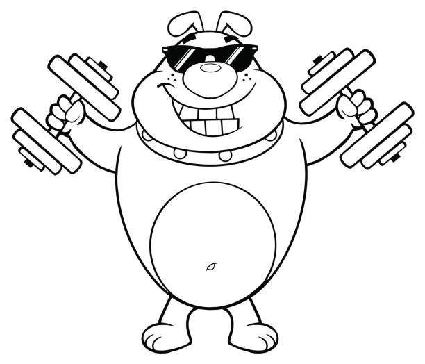 ilustraciones, imágenes clip art, dibujos animados e iconos de stock de blanco y negro sonriendo bulldog personaje de mascota de dibujos animados con gafas de sol de ejercitarse con pesas - 11310