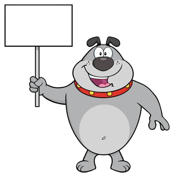 ilustraciones, imágenes clip art, dibujos animados e iconos de stock de personaje de mascota de dibujos animados feliz bulldog gris con un cartel en blanco - 11320