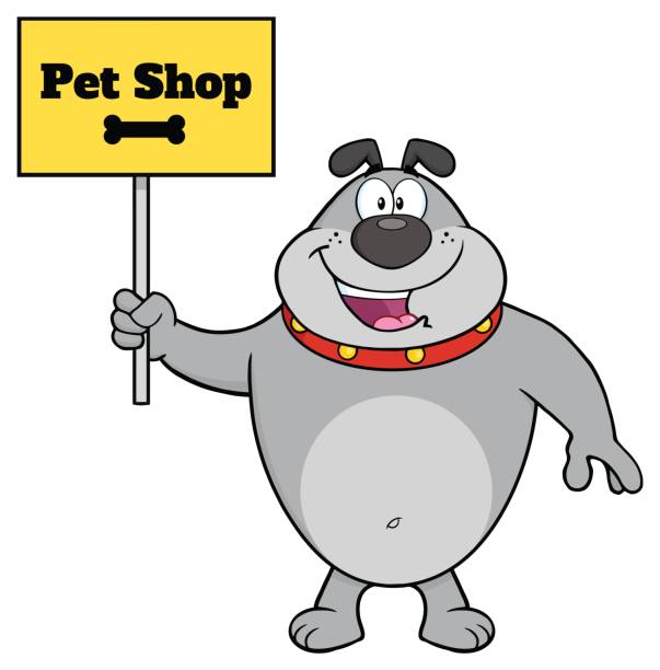 ilustrações de stock, clip art, desenhos animados e ícones de gray bulldog cartoon mascot character holding a sign with text pet shop - 11321