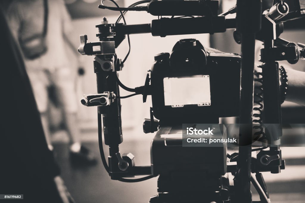 professional camera equipment detail of professional camera equipment, film production studio Filming Stock Photo